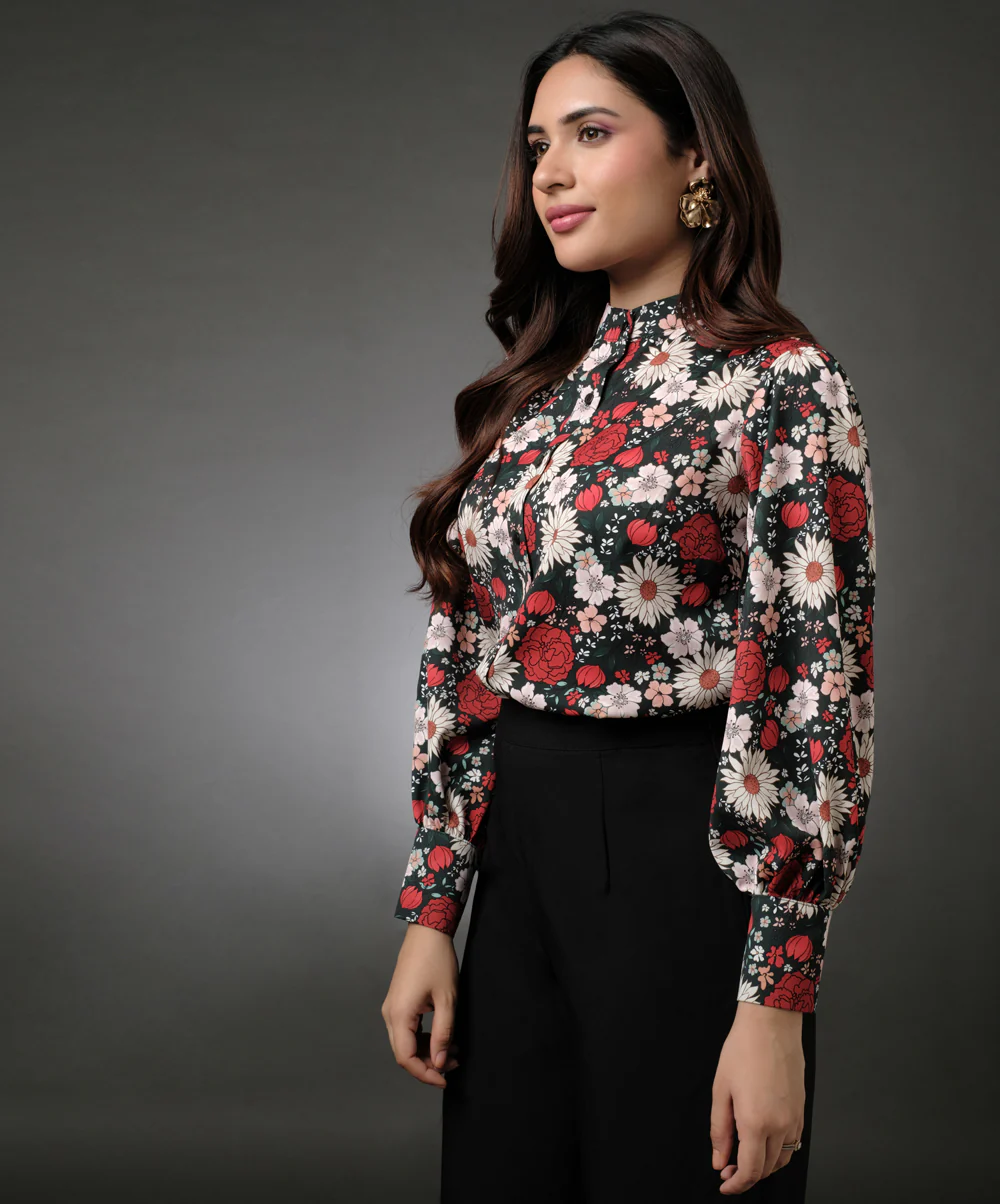 Long Sleeve Mandarine Collar Shirt Top - Image 4