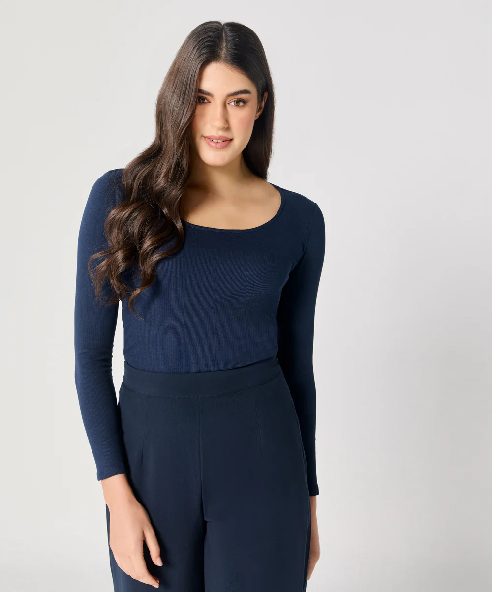 Long Sleeve Navy Blue Rib Top - Image 2