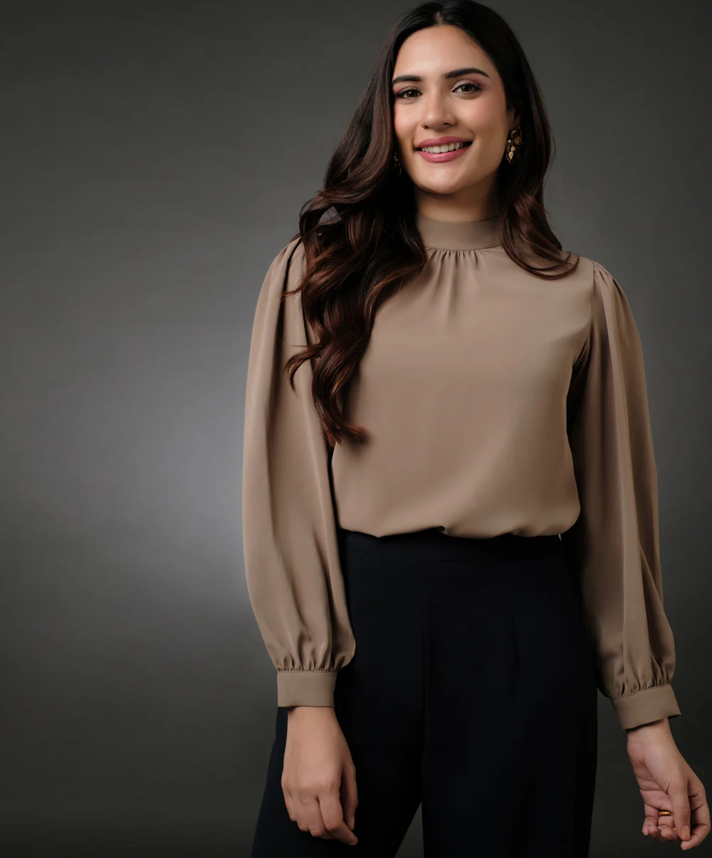 Long Sleeve Neck Pleated Brown Top - Image 2