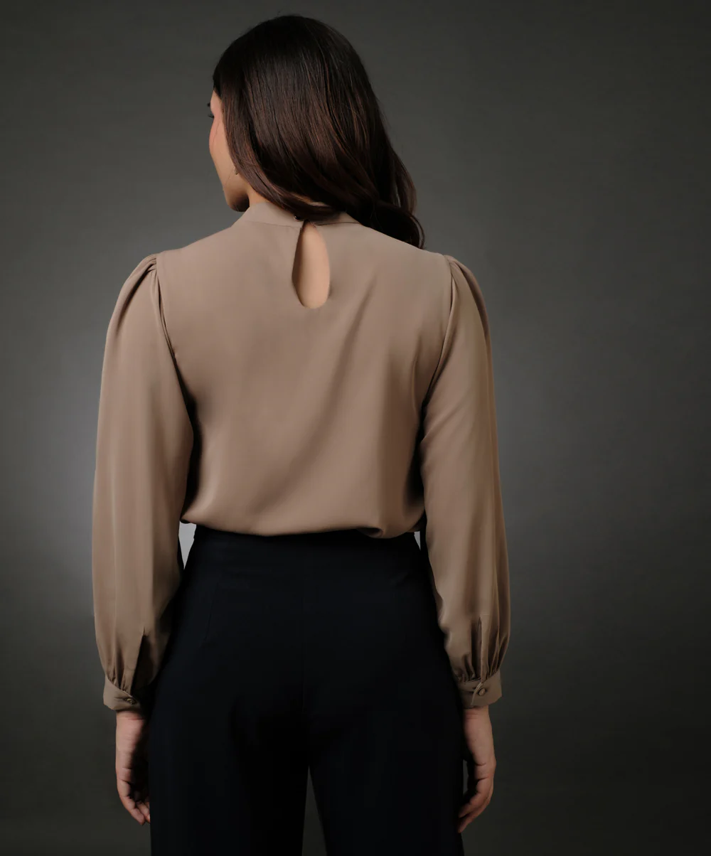 Long Sleeve Neck Pleated Brown Top - Image 5