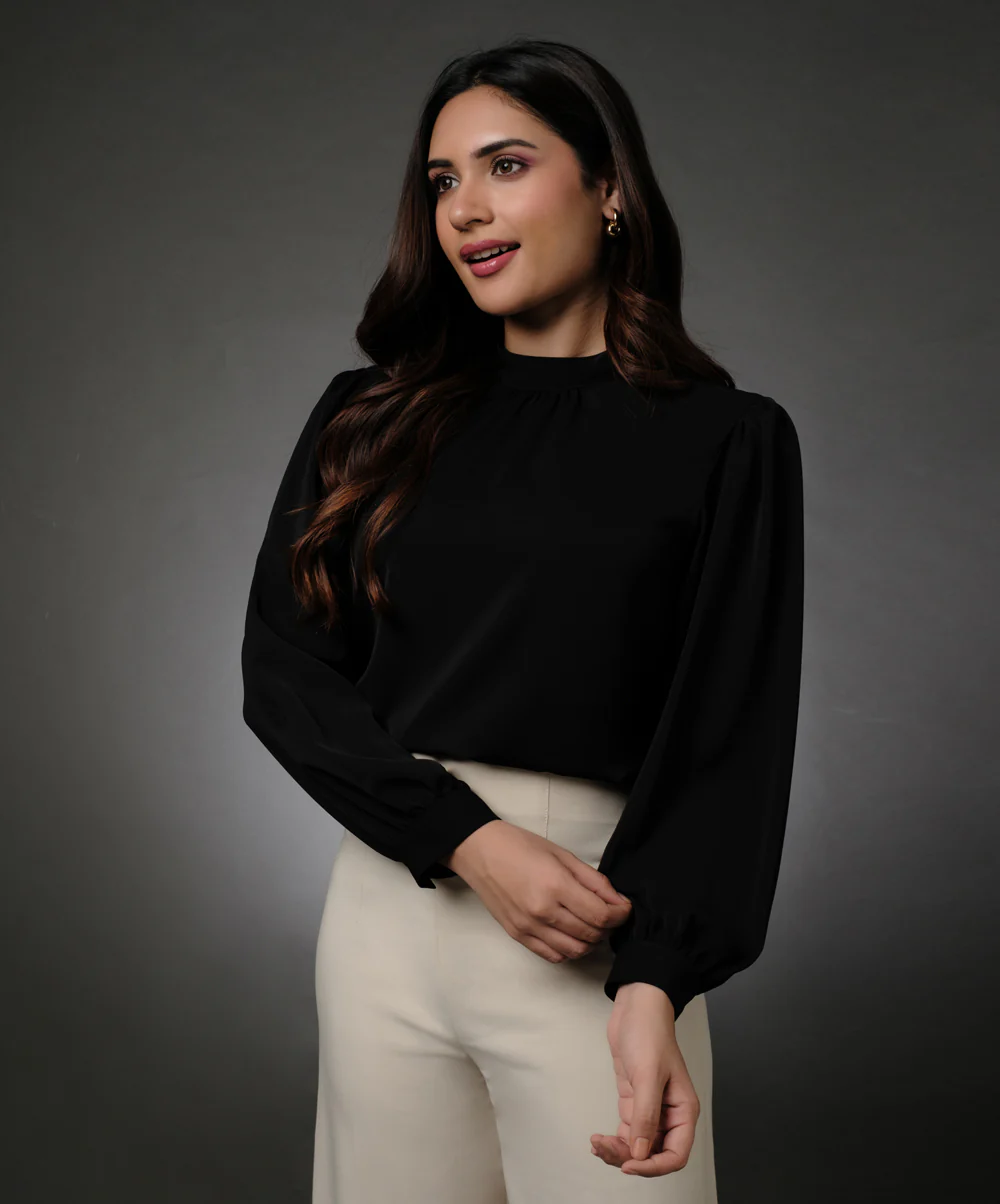 Long Sleeve Neck Pleated Chiffon Top-Black - Image 2
