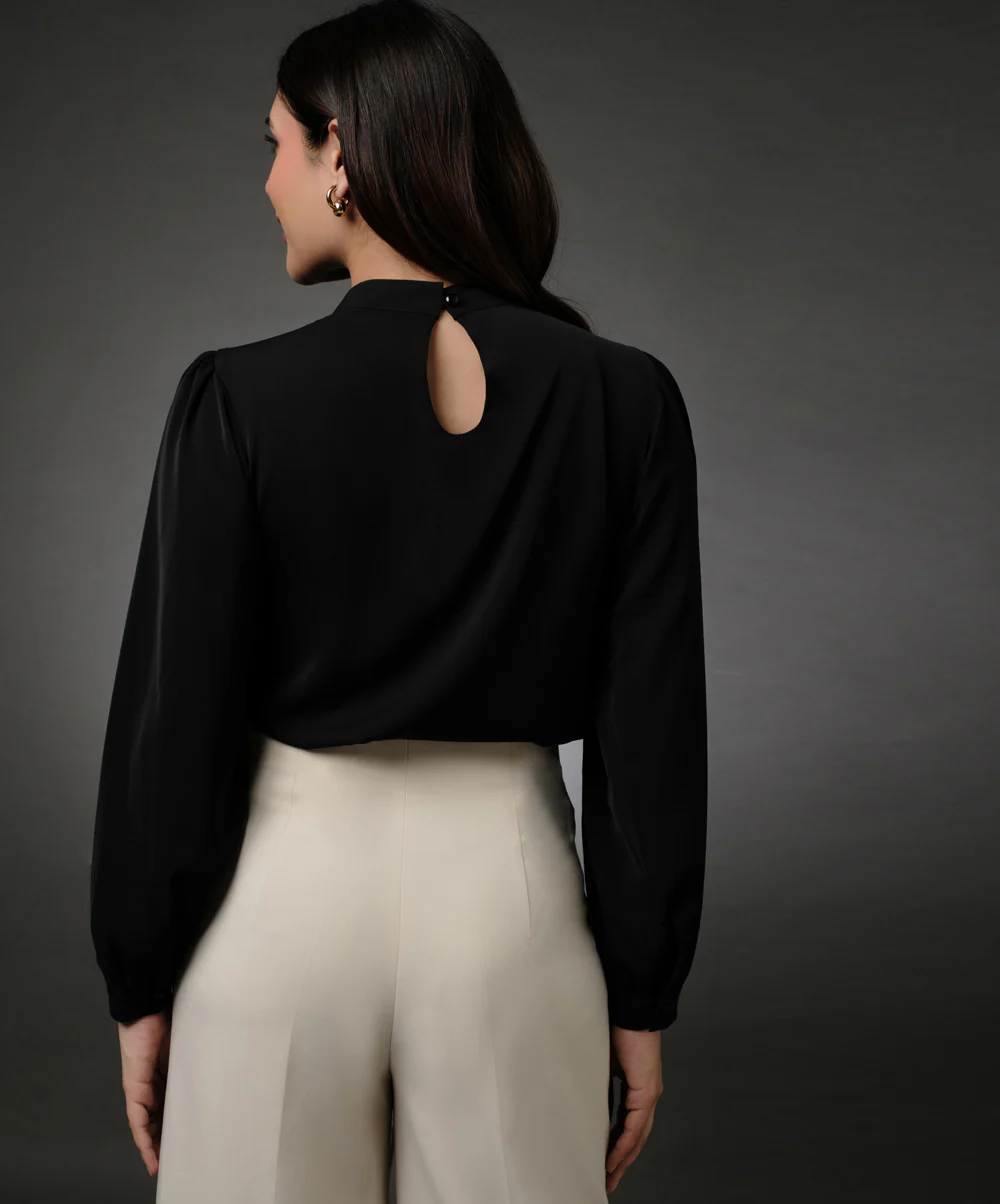 Long Sleeve Neck Pleated Chiffon Top-Black - Image 5