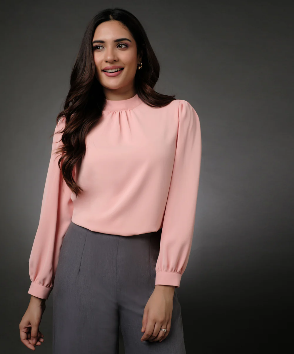 Long Sleeve Neck Pleated Chiffon Top-Peach - Image 3