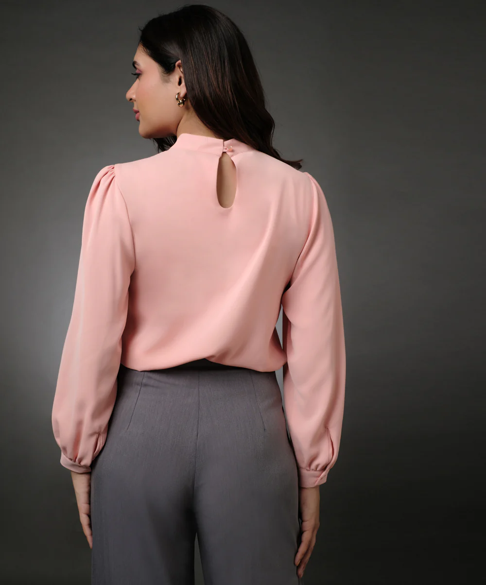 Long Sleeve Neck Pleated Chiffon Top-Peach - Image 4