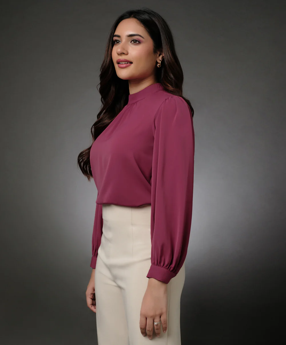Long Sleeve Neck Pleated Pink Top - Image 2