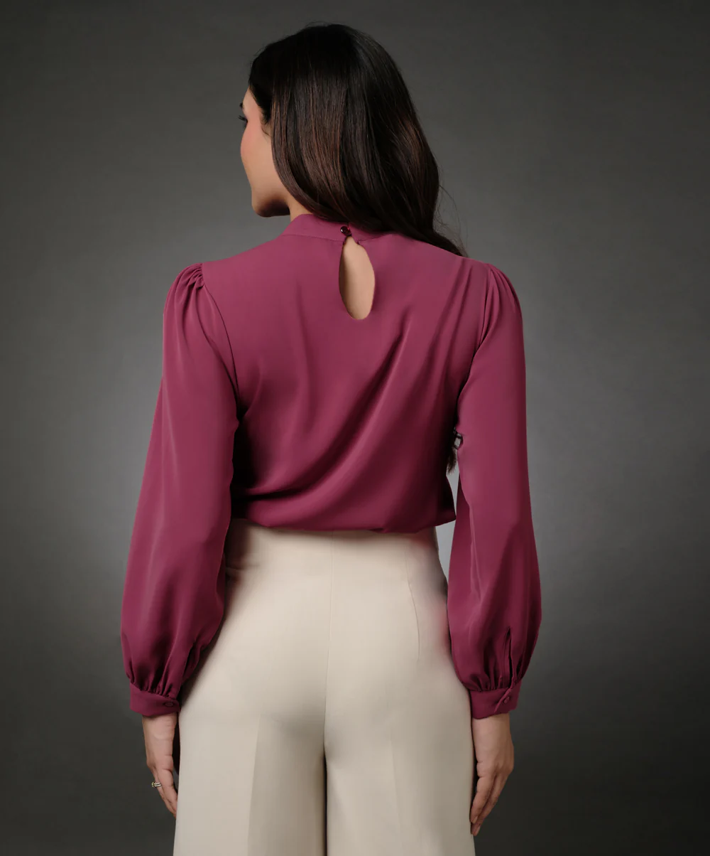 Long Sleeve Neck Pleated Pink Top - Image 3