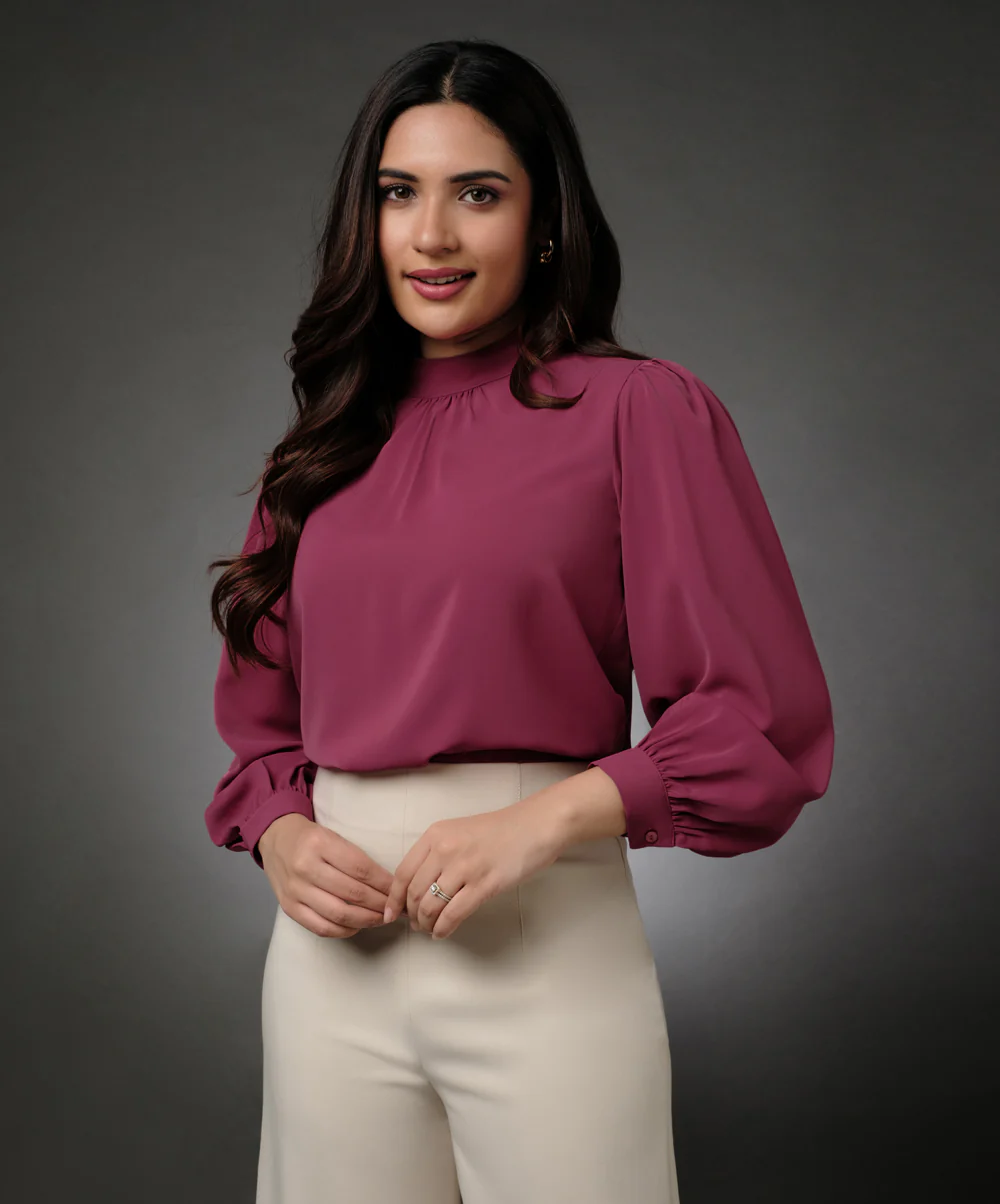 Long Sleeve Neck Pleated Pink Top - Image 4