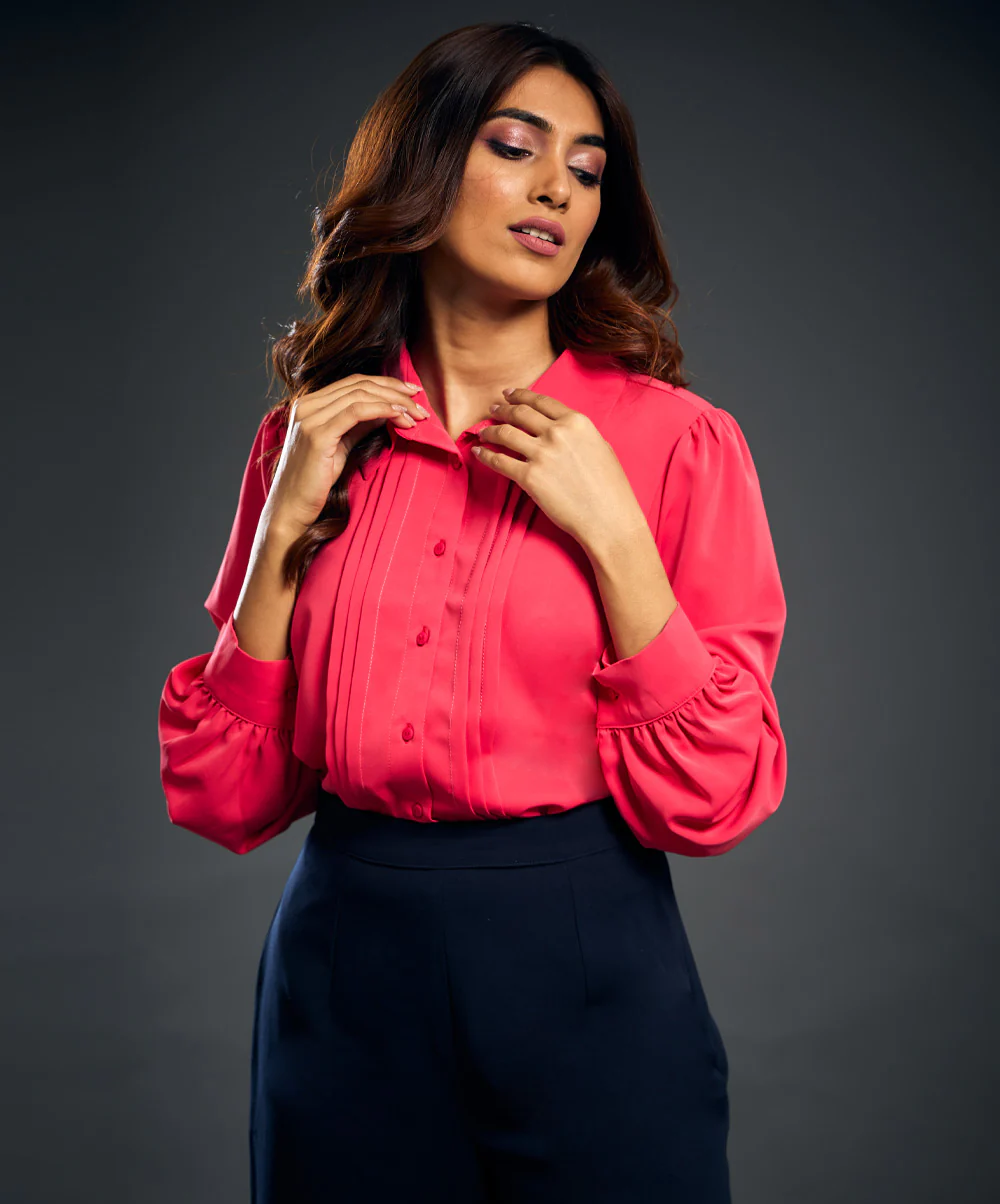 Long Sleeve Pintuck Chiffon Pink Top - Image 2