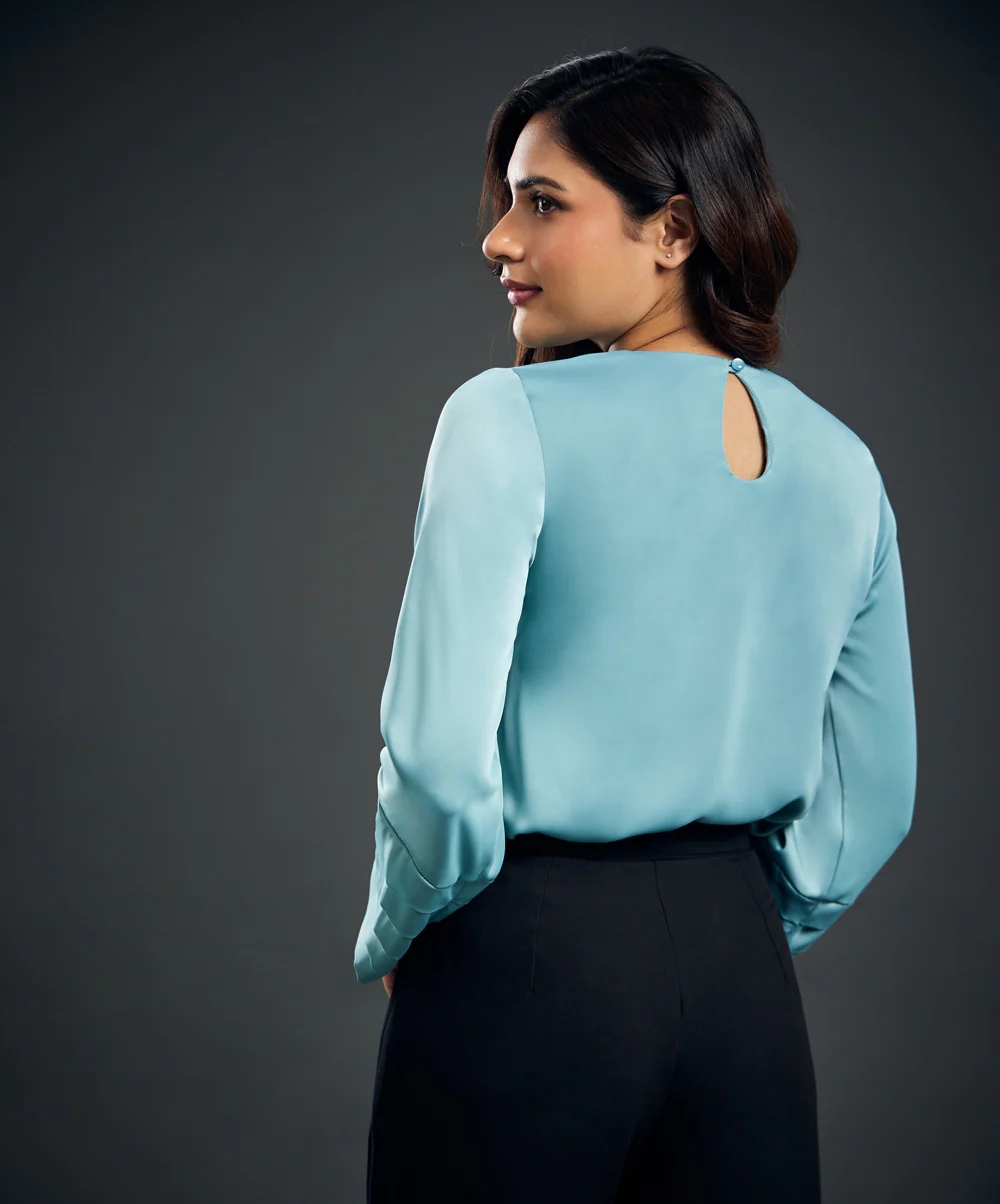 Long Sleeve Pleated Blue Satin Top - Image 9