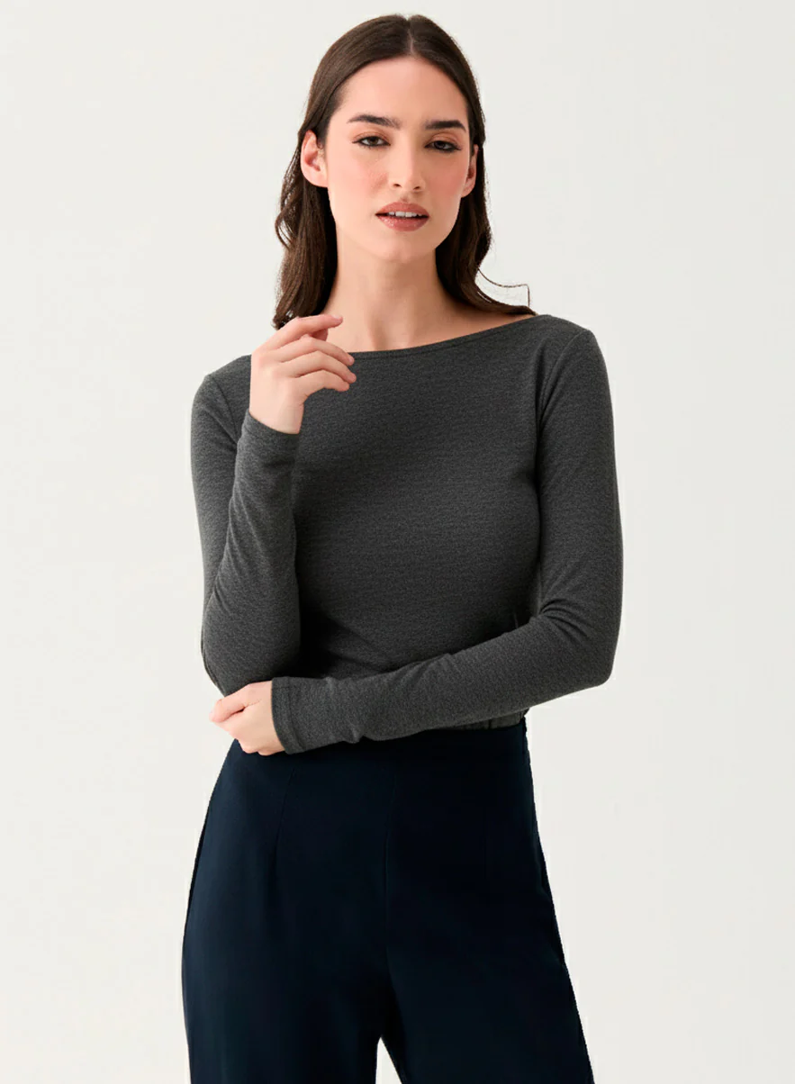 Long Sleeve Ponte Top - Marl Grey
