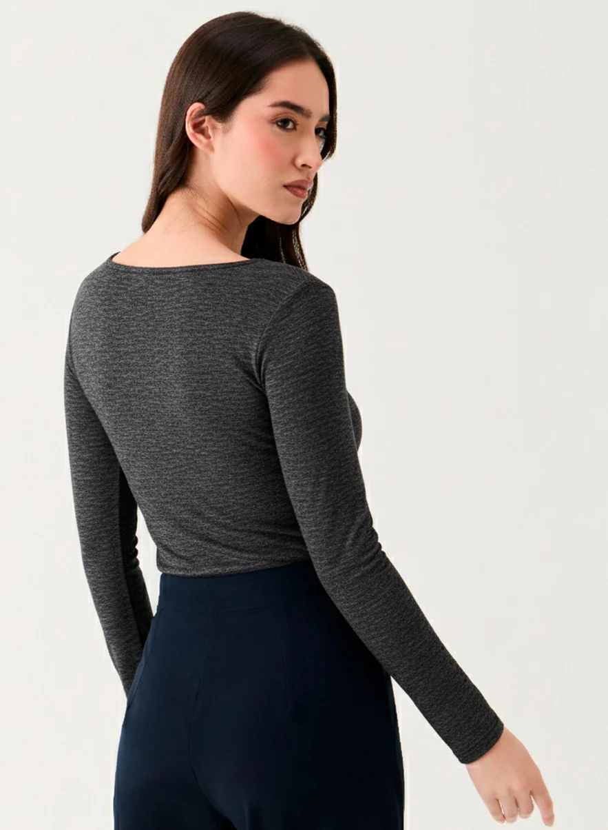Long Sleeve Ponte Top - Marl Grey - Image 3