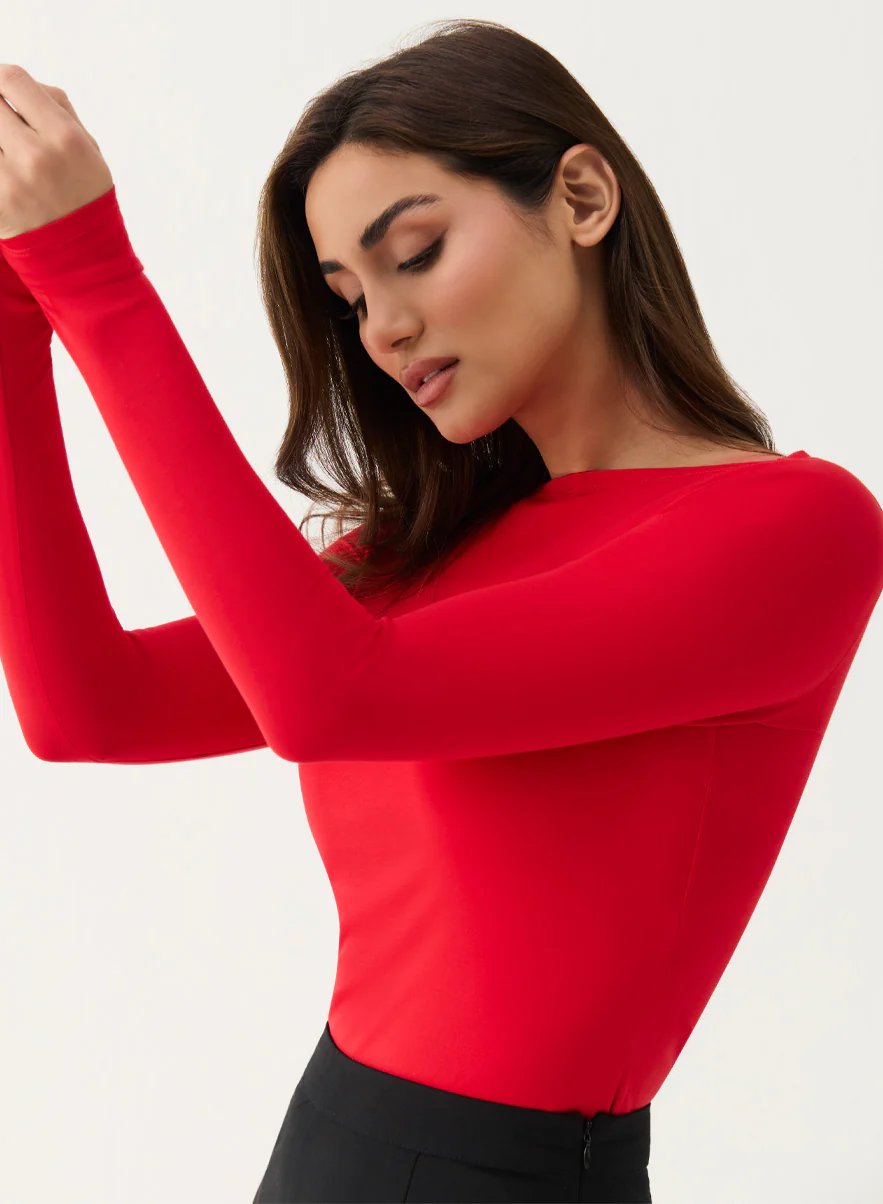 Long Sleeve Ponte Top - RED - Image 2