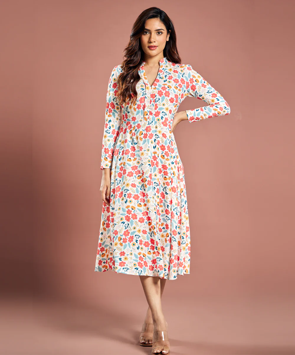Long Sleeve Printed Chiffon Label Dress - Image 2