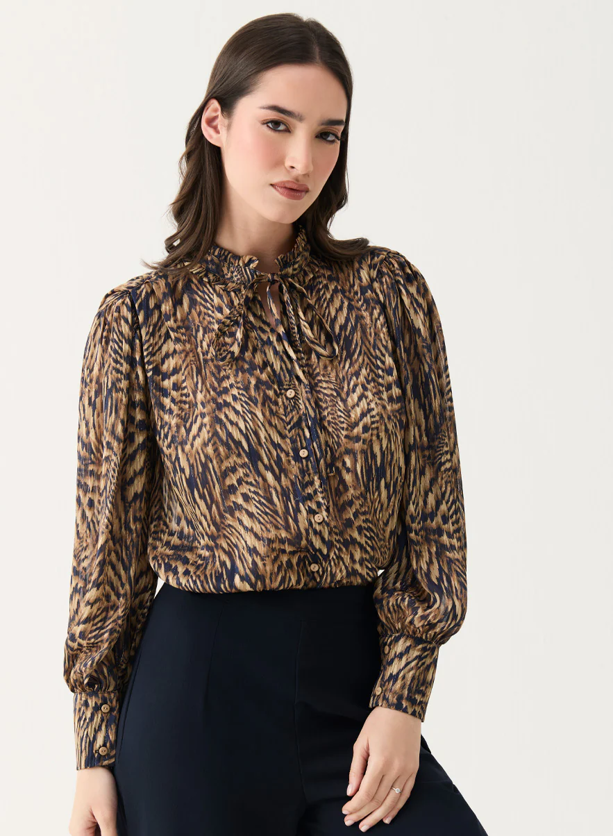 Long Sleeve Printed Frilled Collared Top - Image 3