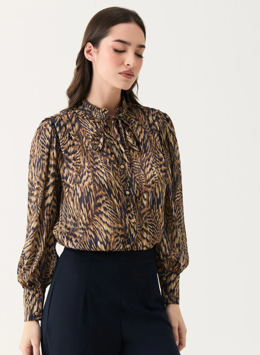 Long Sleeve Printed Frilled Collared Top - Image 4