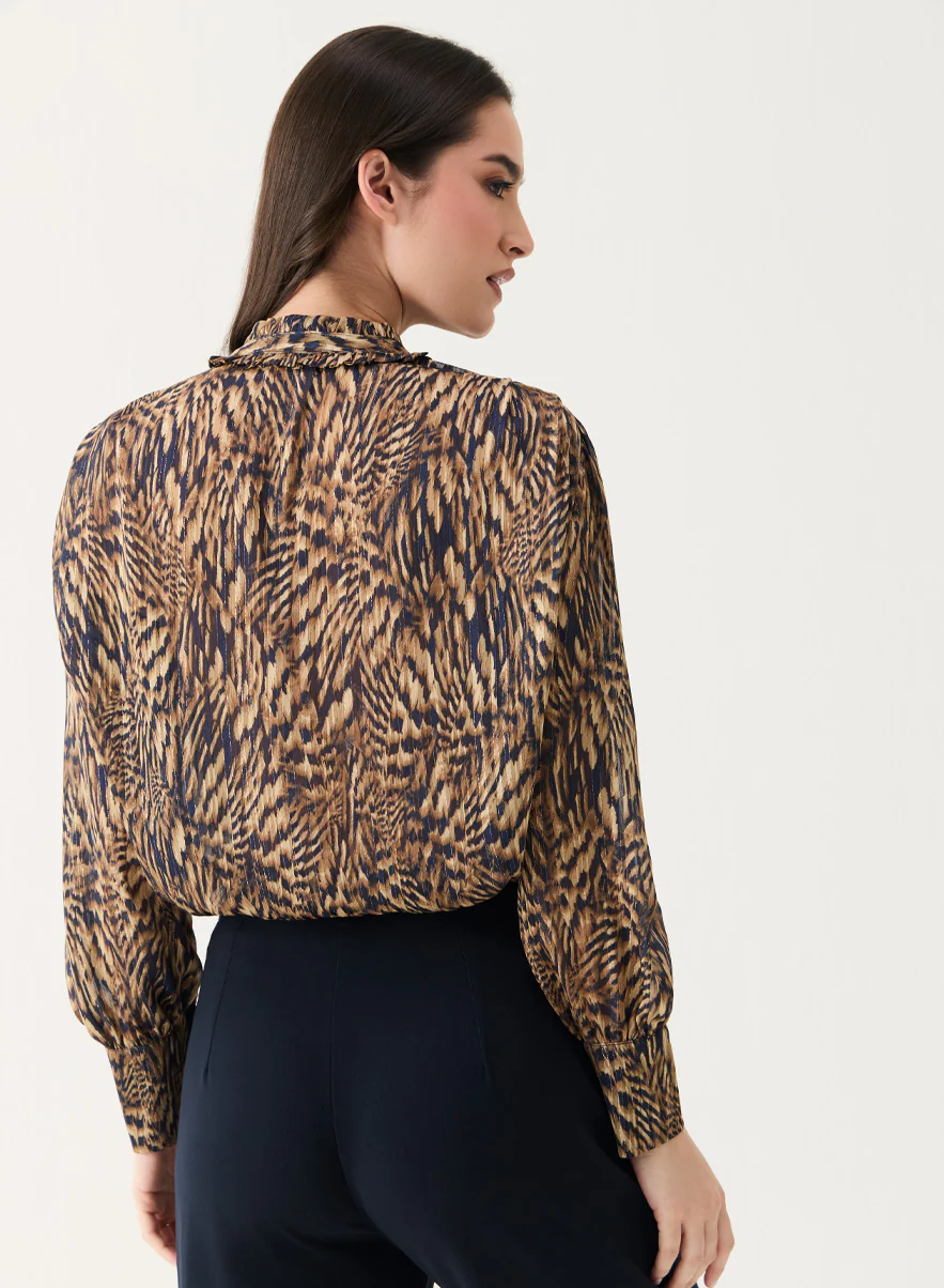 Long Sleeve Printed Frilled Collared Top - Image 5
