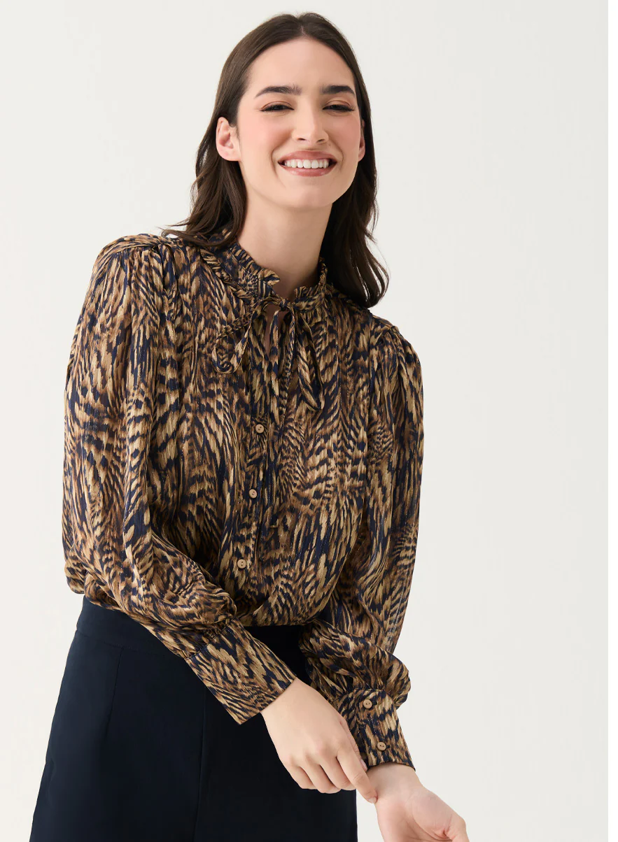Long Sleeve Printed Frilled Collared Top - Image 6