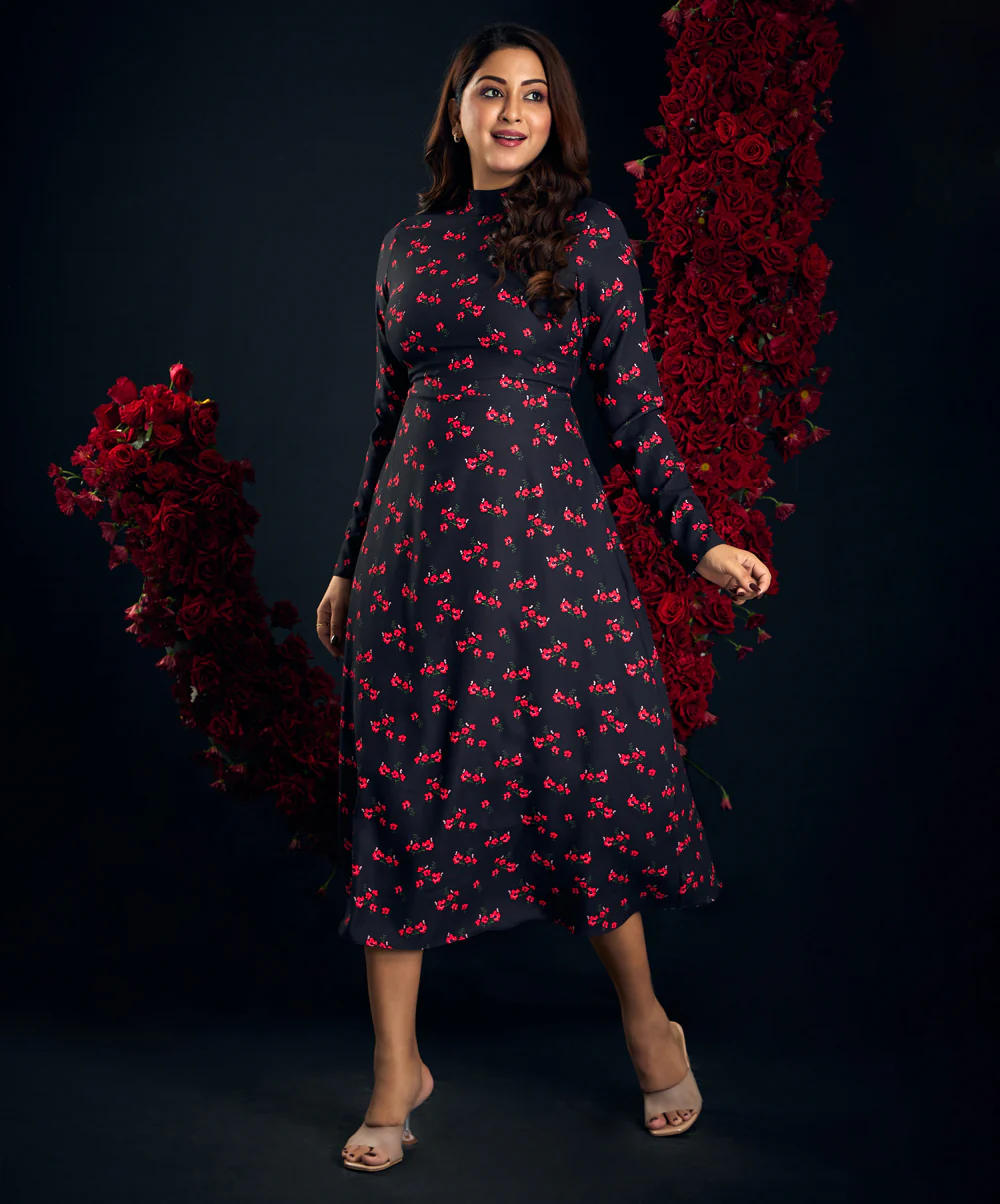 Long Sleeve Printed Midi Chiffon Dress - Image 2