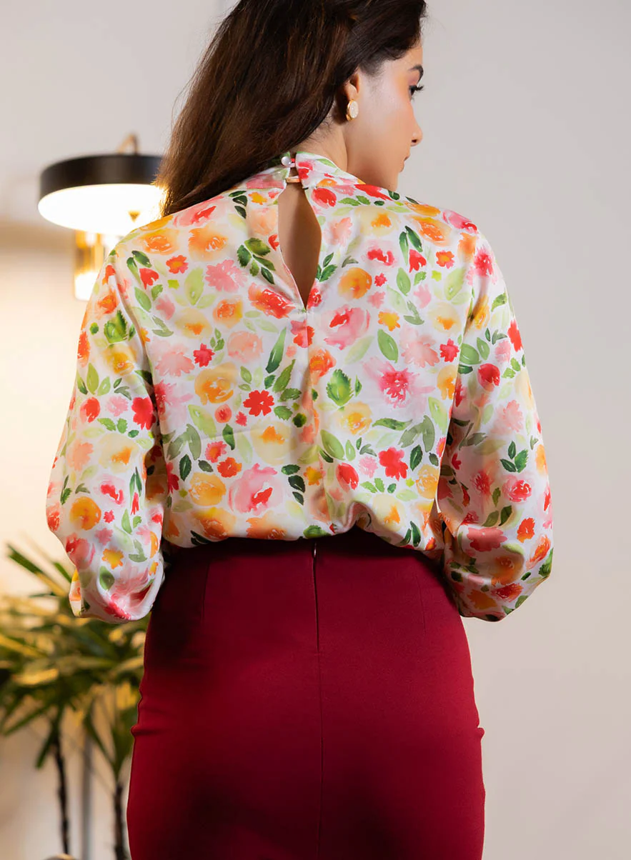 Long Sleeve Printed Neck Tie Top - Image 3