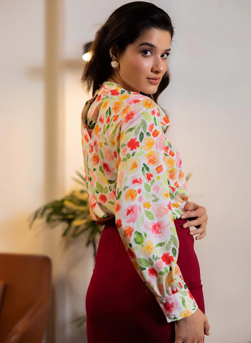 Long Sleeve Printed Neck Tie Top - Image 4