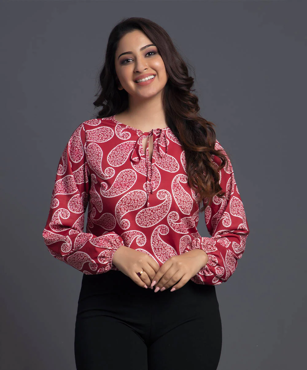Red Long Sleeve Printed Neck Tie Top
