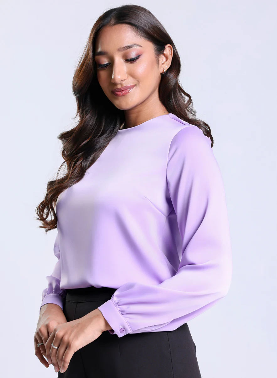 Long Sleeve Round Neck Lavender Satin Top - Image 3