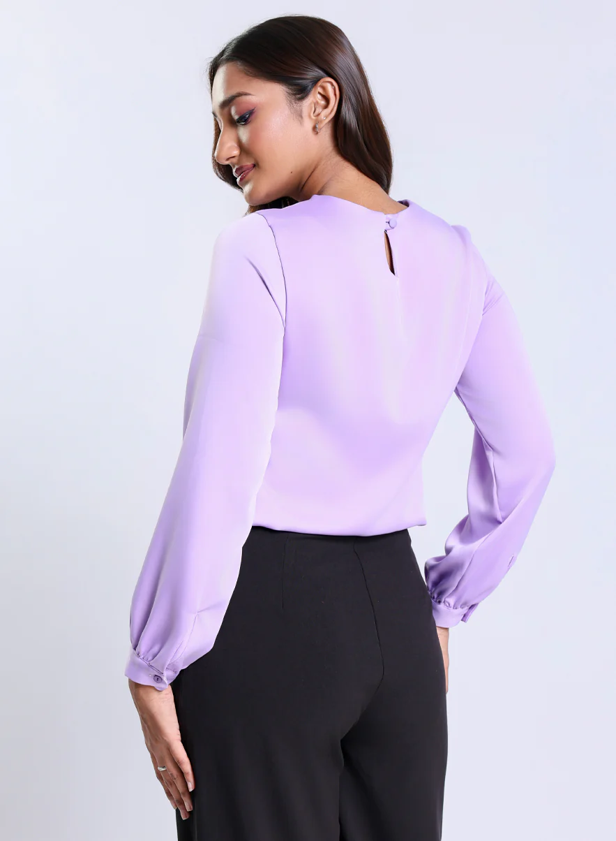 Long Sleeve Round Neck Lavender Satin Top - Image 4