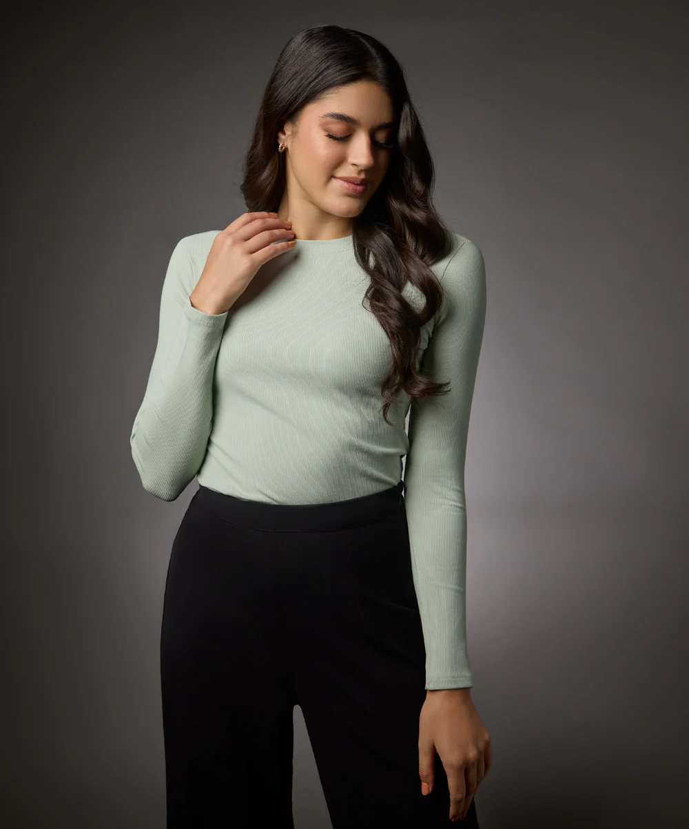 Long Sleeve Round Neck Rib Top- Baby Green - Image 2