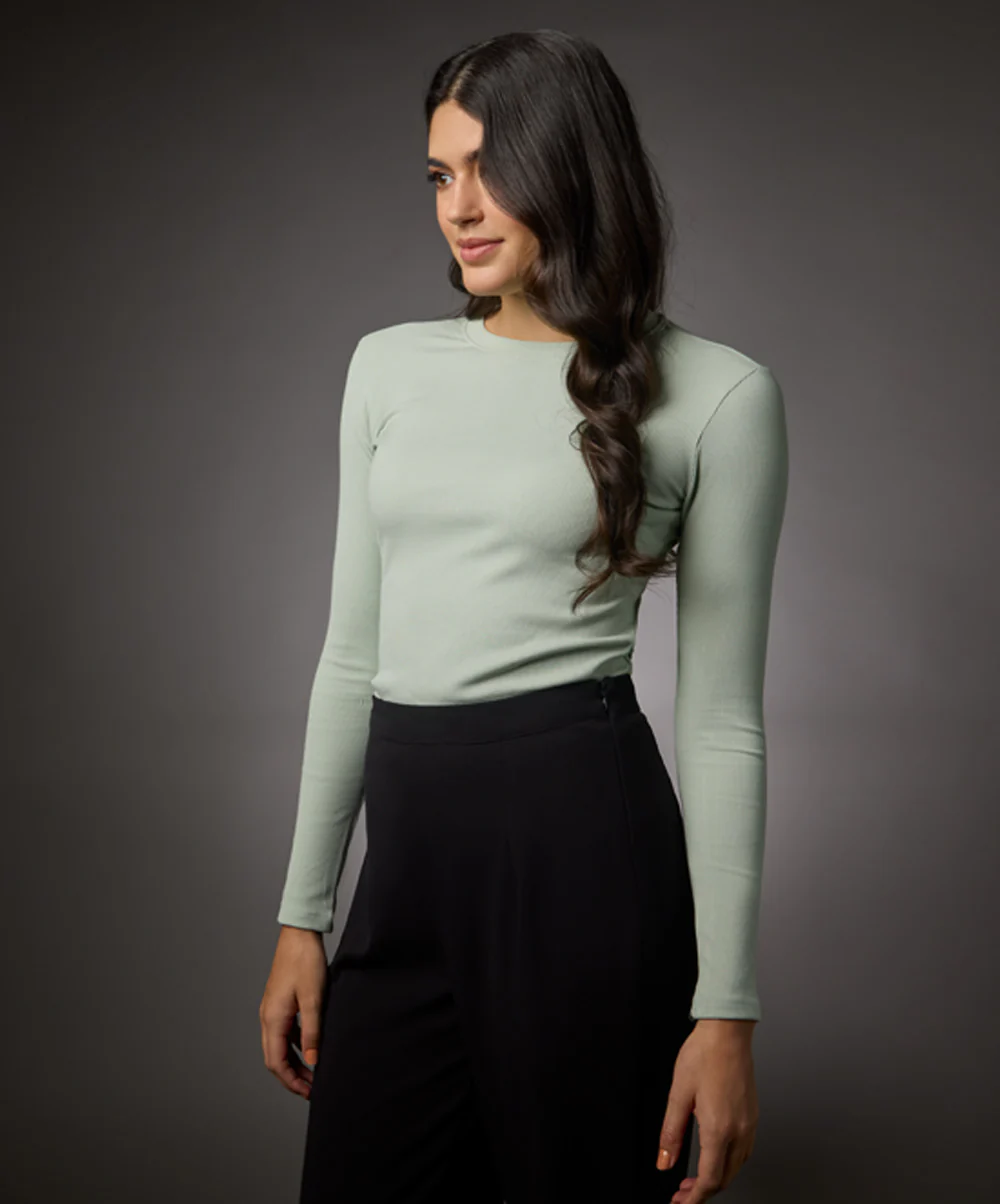 Long Sleeve Round Neck Rib Top- Baby Green - Image 3