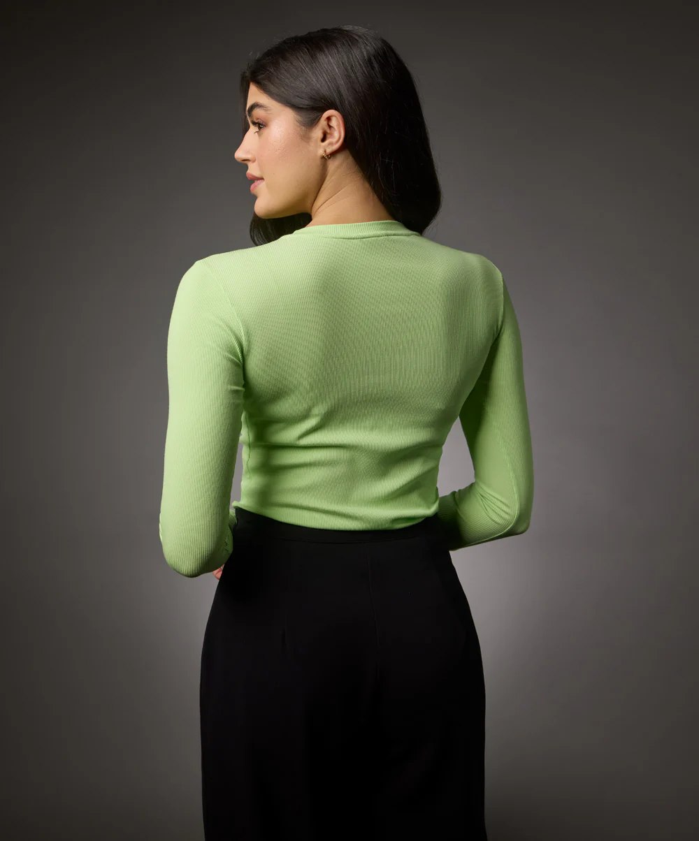 Long Sleeve Round Neck Rib Top- Electric Green - Image 2