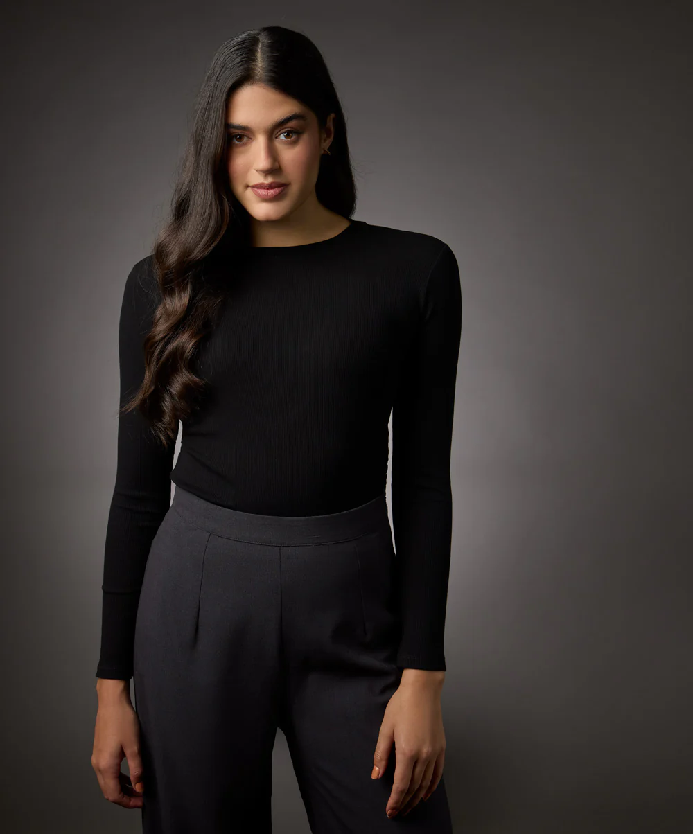 Long Sleeve Round Neck Rib Top- Jet Black - Image 2