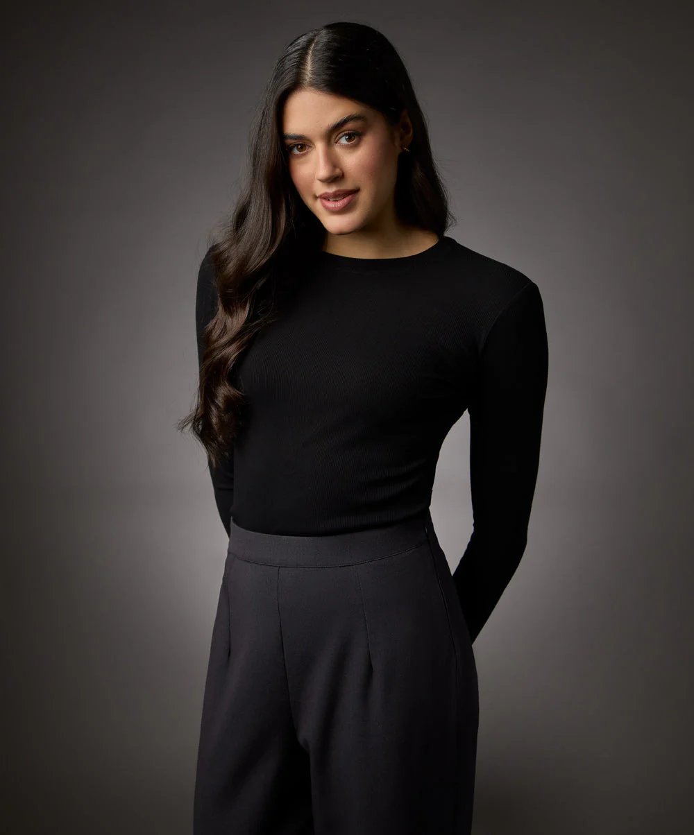 Long Sleeve Round Neck Rib Top- Jet Black - Image 5