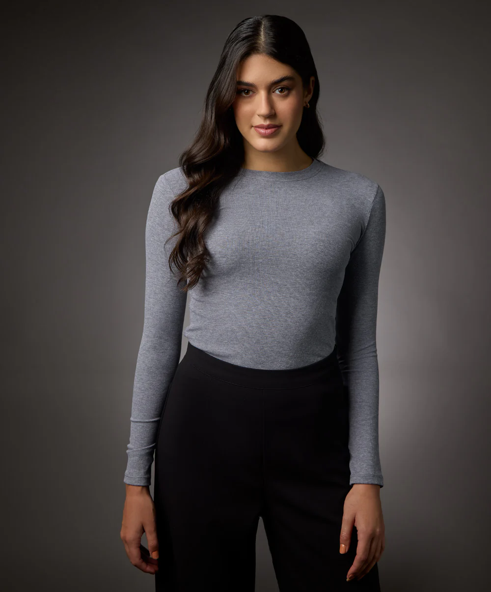 Long Sleeve Round Neck Rib Top- Light Grey - Image 2