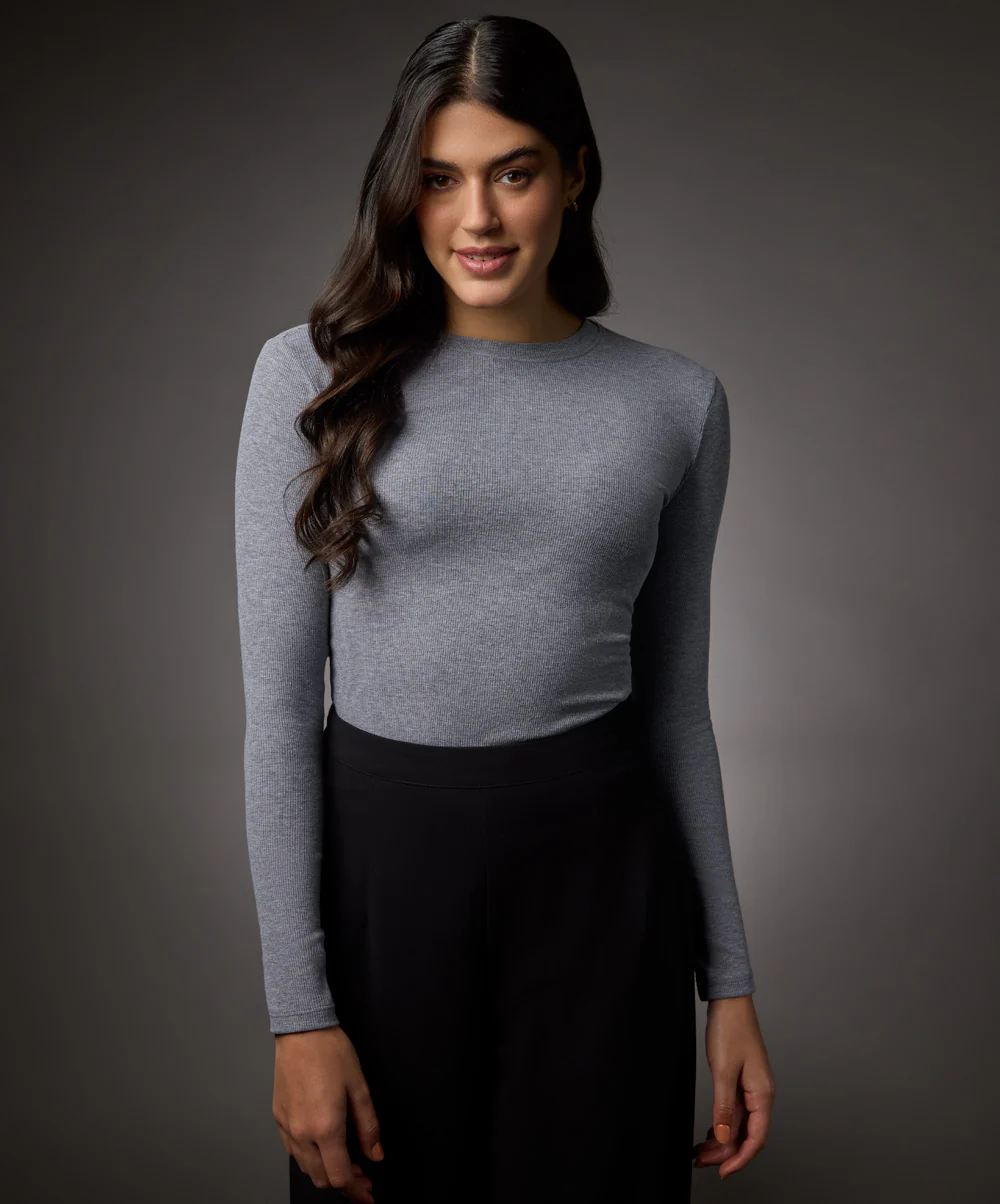 Long Sleeve Round Neck Rib Top- Light Grey - Image 3