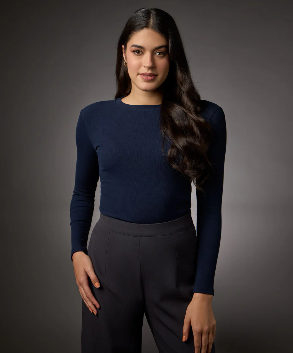 Long Sleeve Round Neck Rib Top- Navy Blue - Image 2