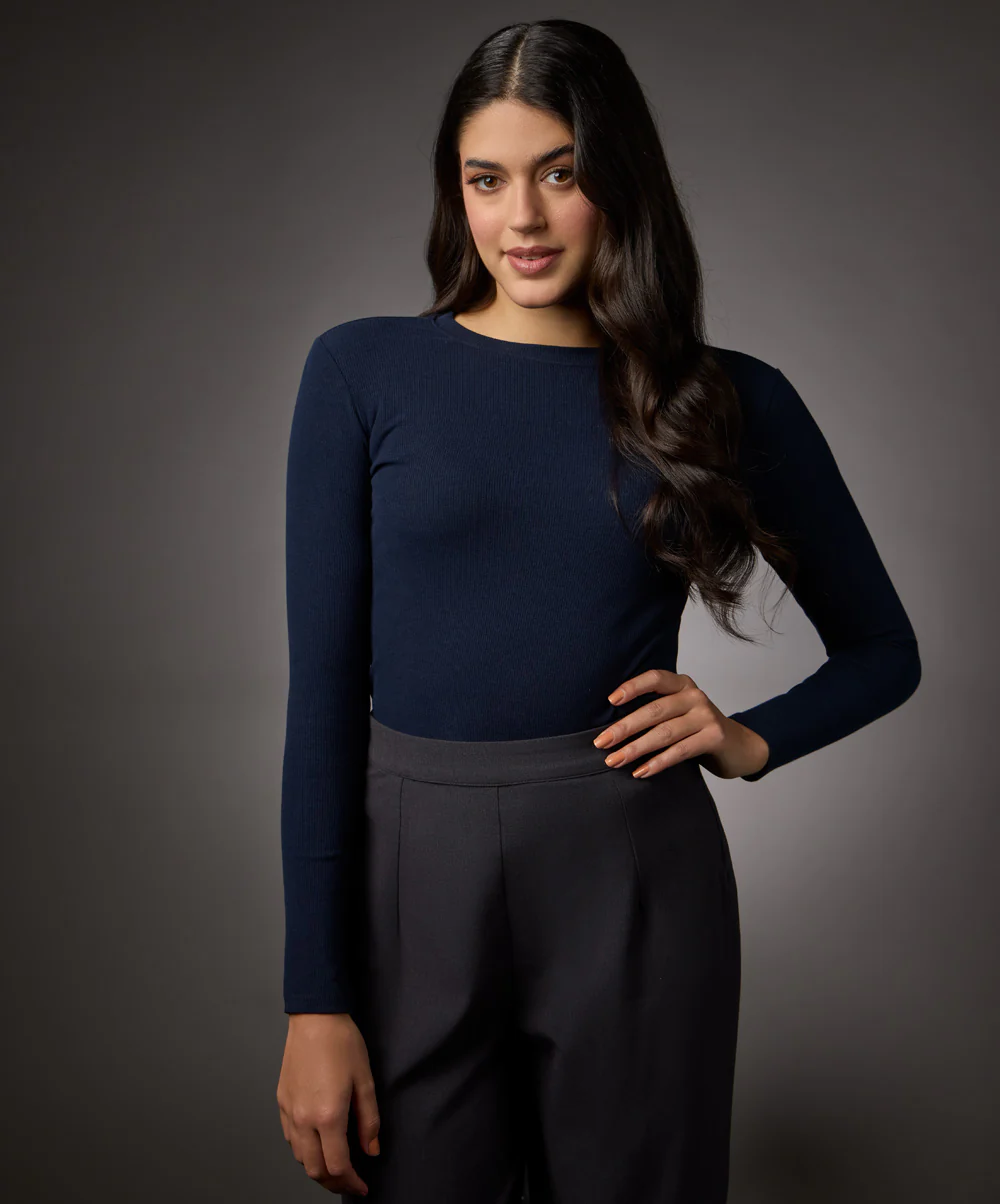 Long Sleeve Round Neck Rib Top- Navy Blue - Image 3