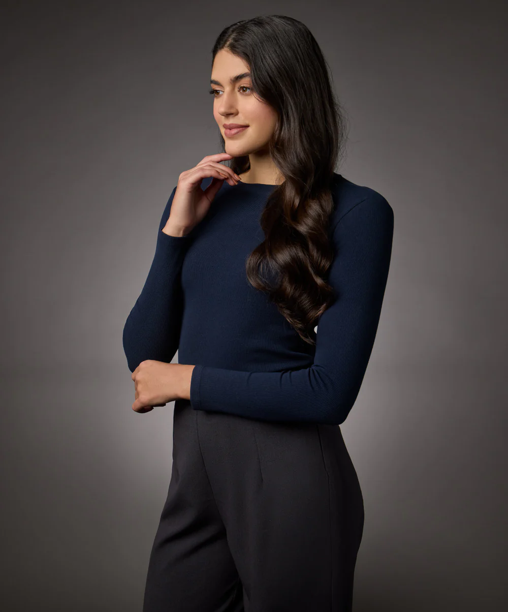 Long Sleeve Round Neck Rib Top- Navy Blue - Image 4