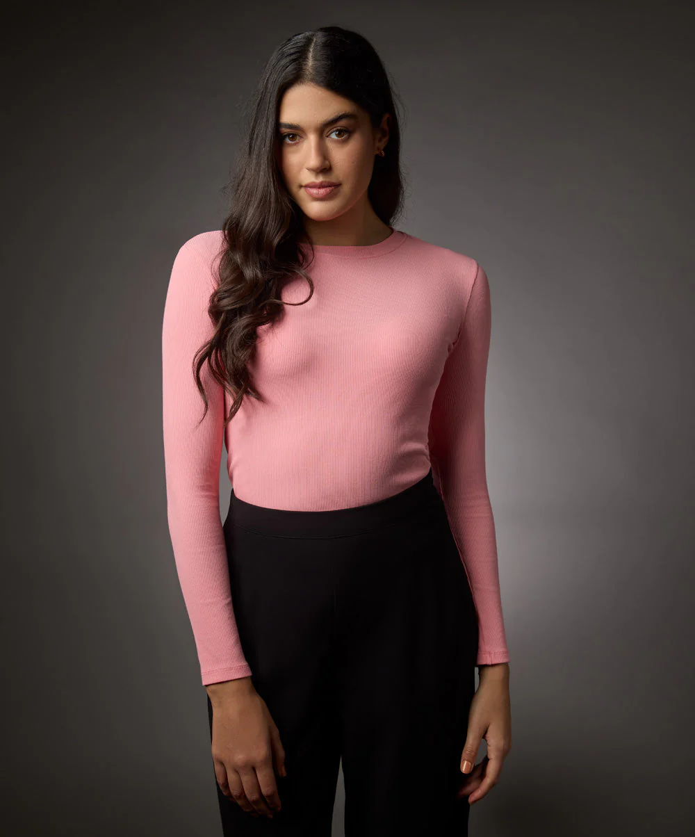 Long Sleeve Round Neck Rib Top- Peach Pink - Image 2