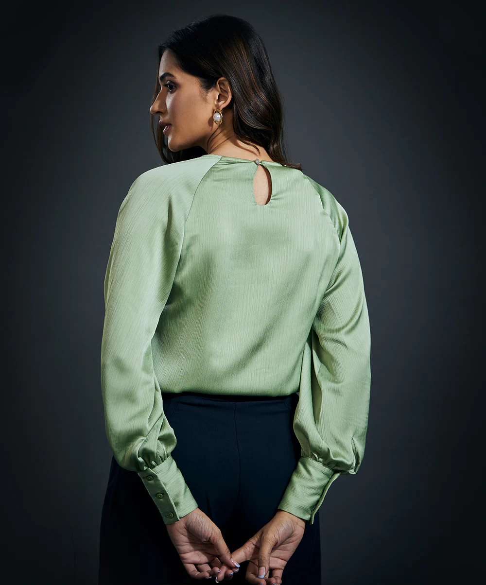 Long Sleeve Round Neck Top-Light Green - Image 4