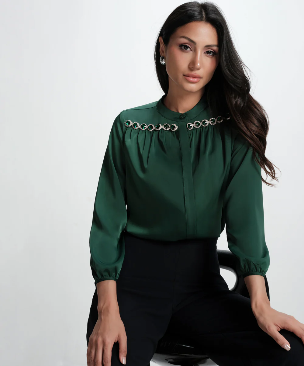 Long Sleeve Trim Attached Green Satin Top - Image 3