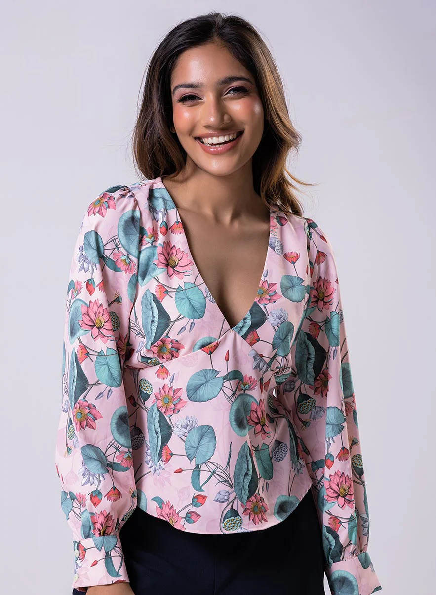 Long Sleeve V Neck Chiffon Printed Top