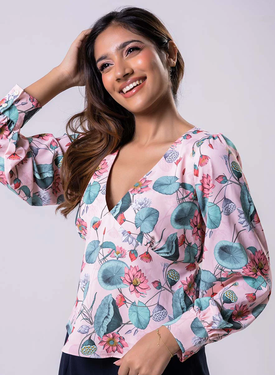 Long Sleeve V Neck Chiffon Printed Top - Image 2