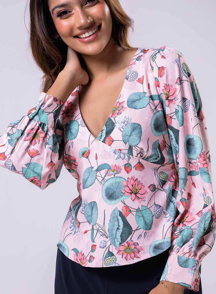 Long Sleeve V Neck Chiffon Printed Top - Image 3