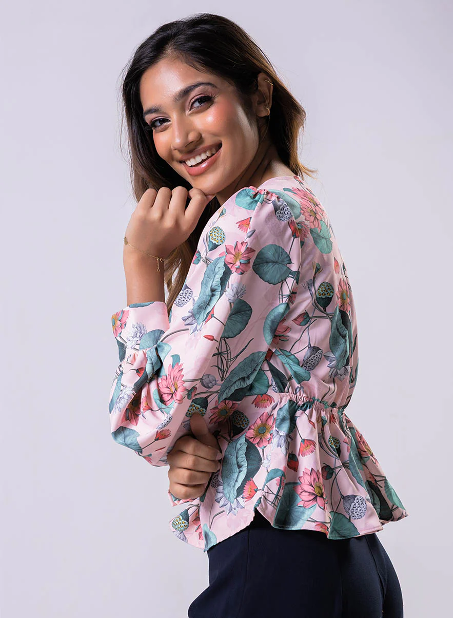 Long Sleeve V Neck Chiffon Printed Top - Image 4