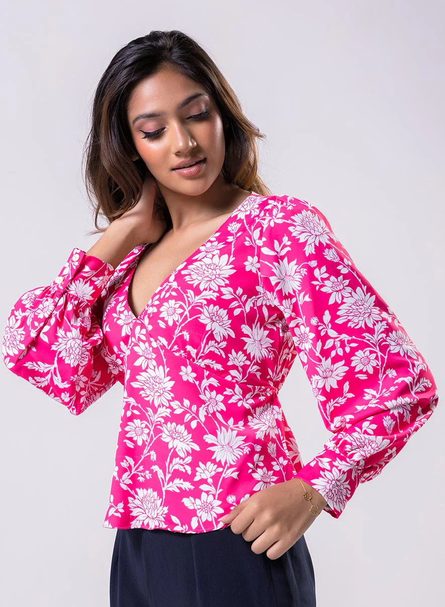 Long Sleeve V Neck Chiffon Printed Top-Pink - Image 2