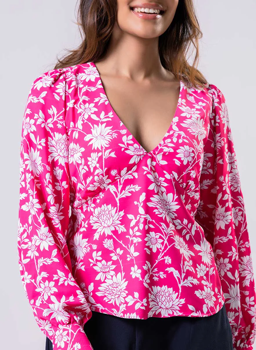 Long Sleeve V Neck Chiffon Printed Top-Pink - Image 3