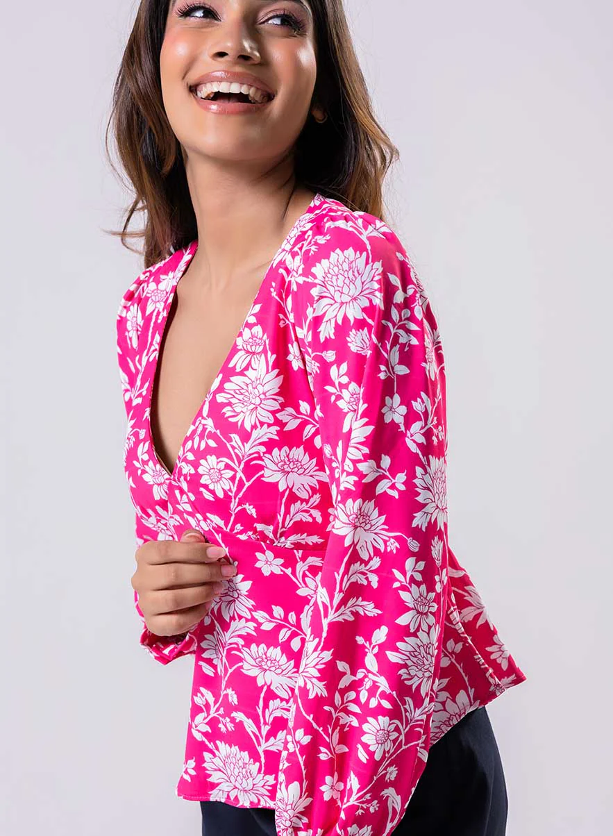 Long Sleeve V Neck Chiffon Printed Top-Pink - Image 4