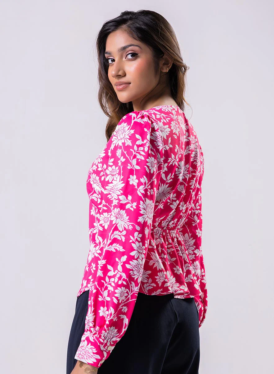 Long Sleeve V Neck Chiffon Printed Top-Pink - Image 5