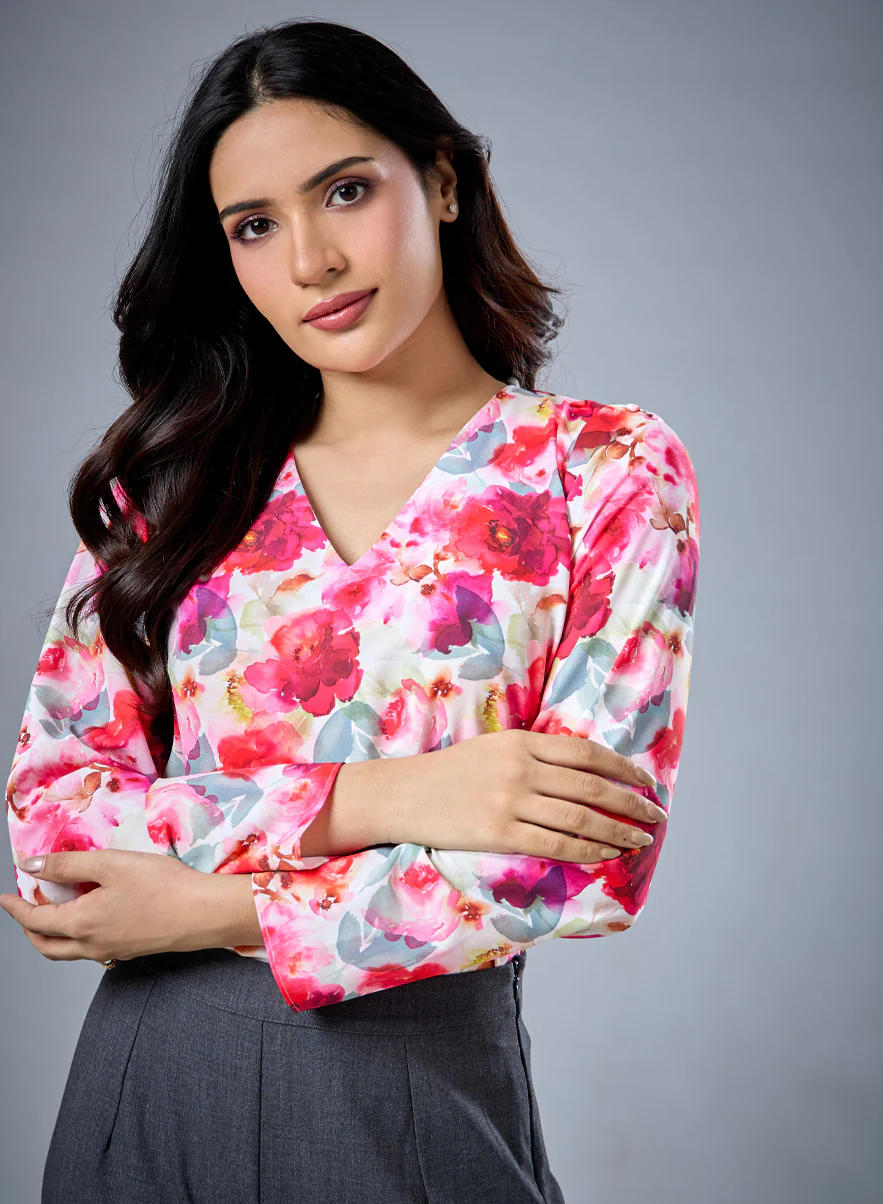 Long Sleeve V Neck Printed Top - Image 4