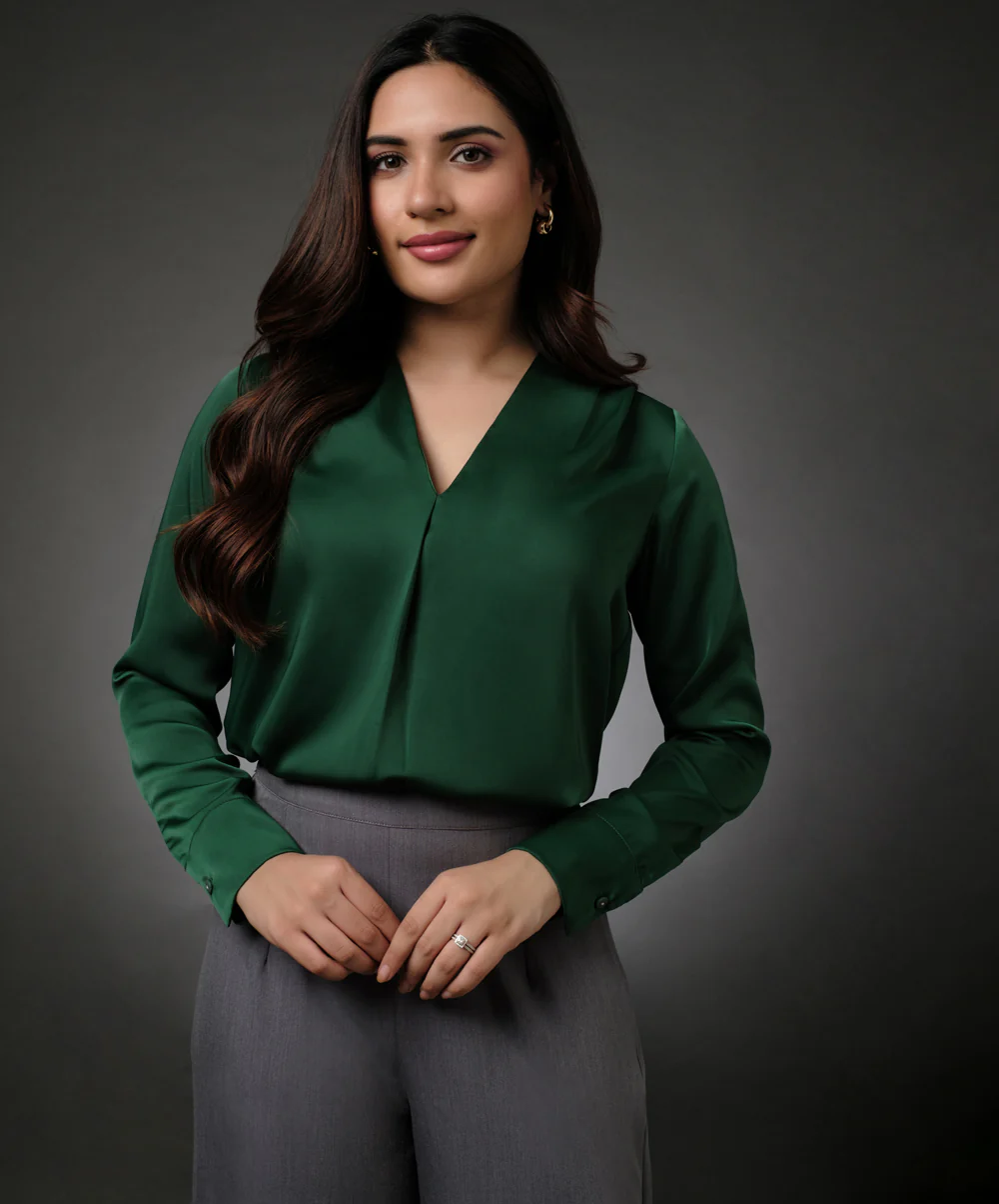 Long Sleeve Vneck Wrapping Green Top - Image 2
